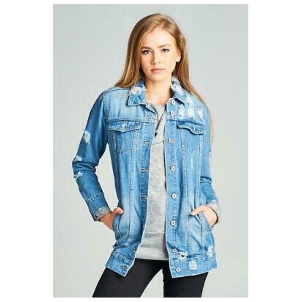 Distressed Long Denim Jacket - image 3